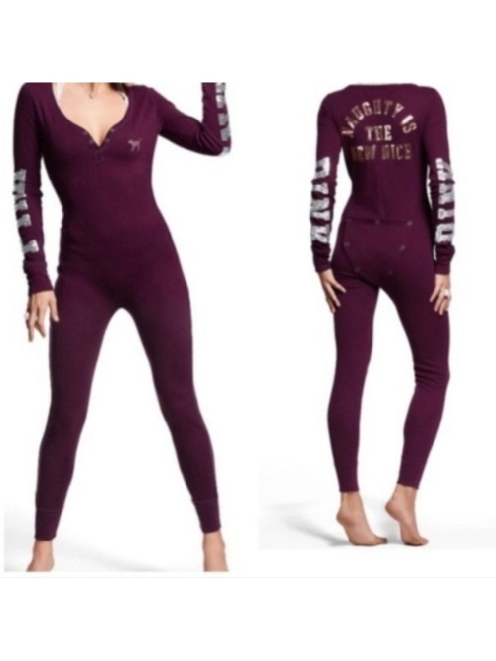 PINK Victoria's Secret Plum Long-Sleeve Henley Onesie